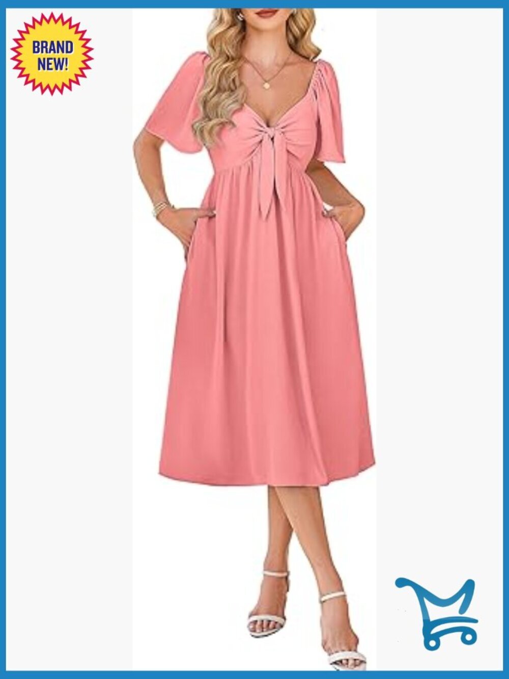 Casual Short Sleeve Bow Tie V Neck Smocked High Waist A-Line Flowy Midi Dress